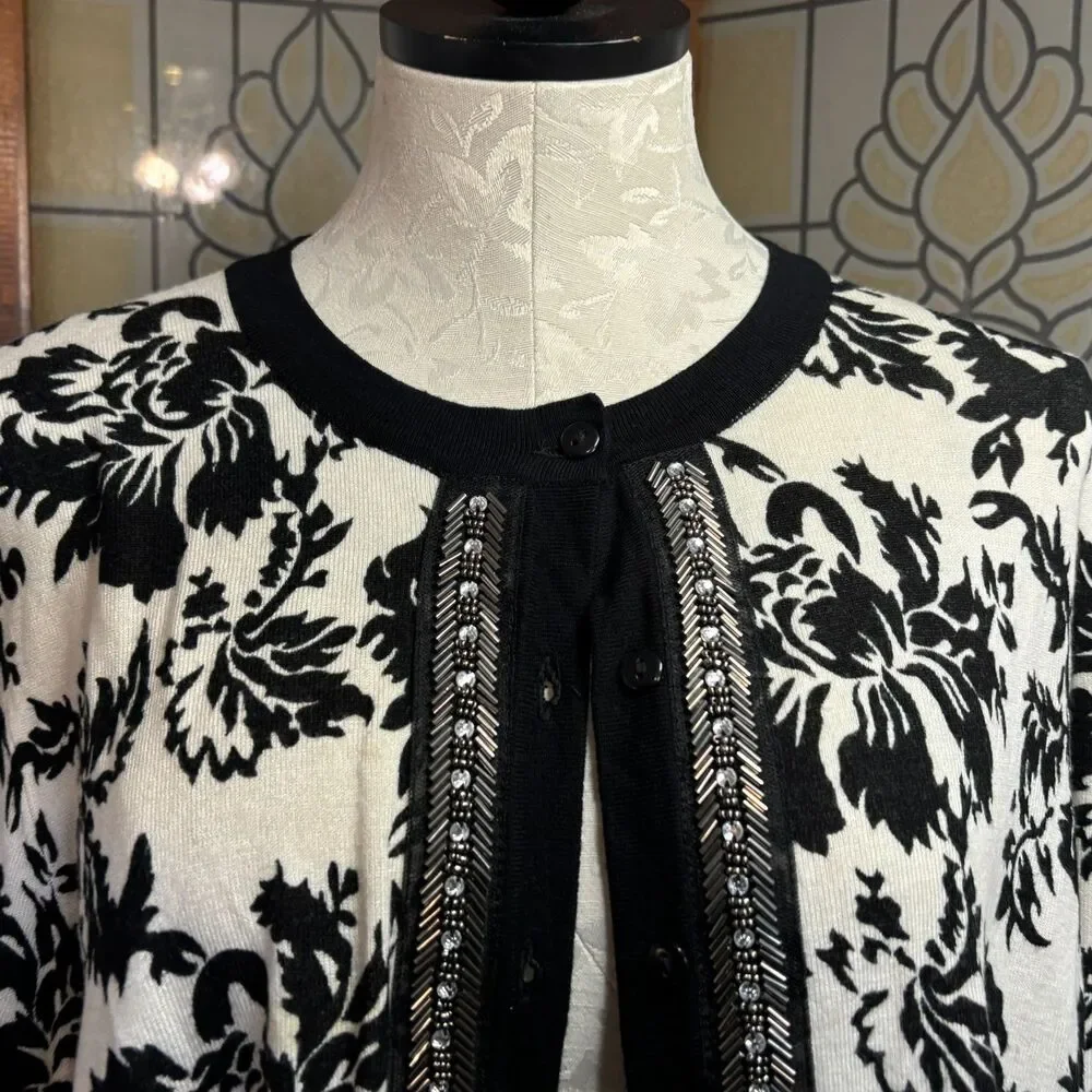 Marled Sequin Trim Front Button Up Cardigan Sweater Old Money Chic Plus Size 2X